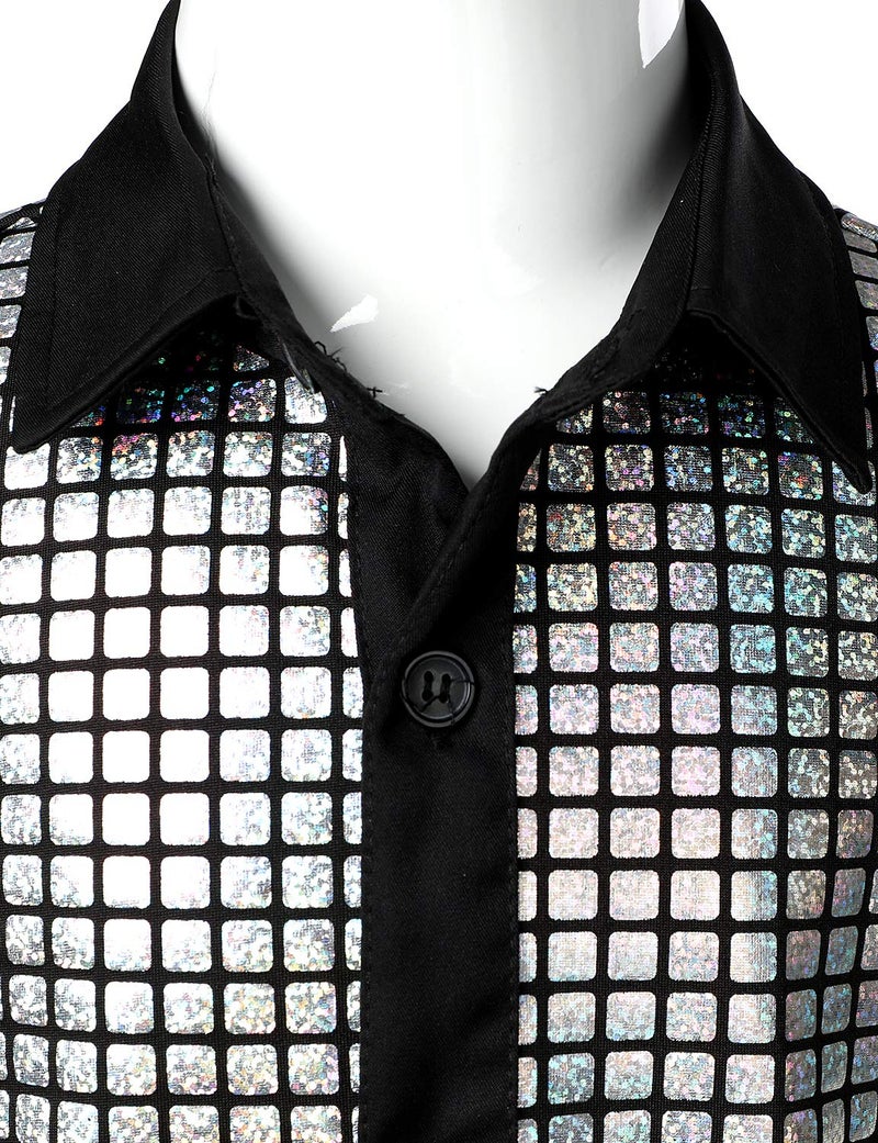 JOGAL Boy's Dress Shirt Sequins Button Down Shirts 70s Disco Party Costume 6 Silver - Image 3